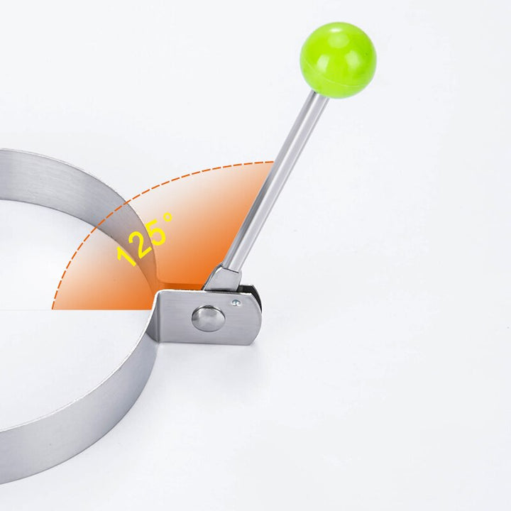 Stainless steel egg and pancake shaper with handle.