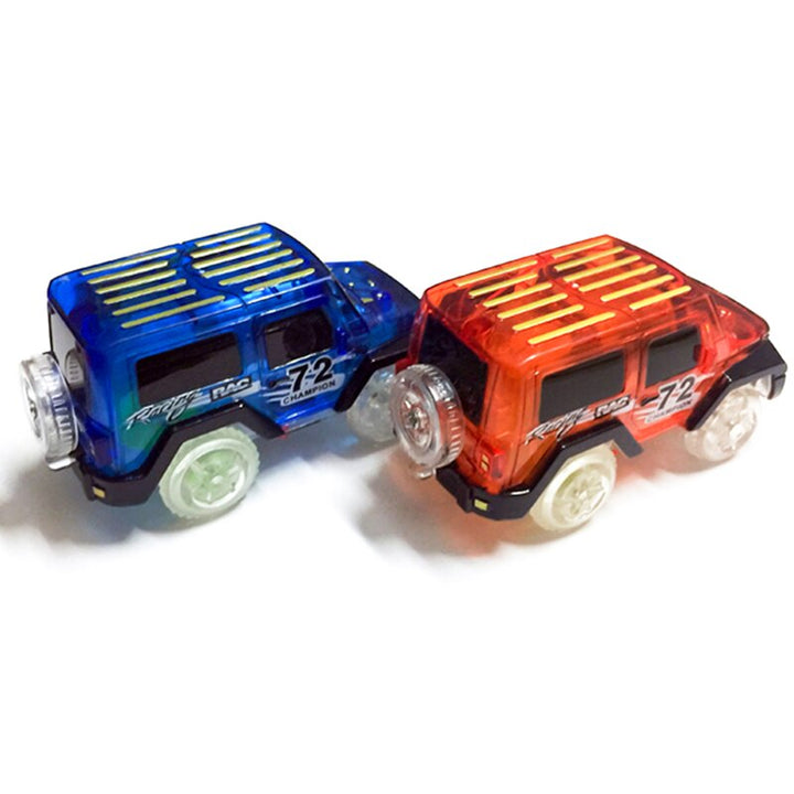 Close-up of colorful toy cars with flashing lights.