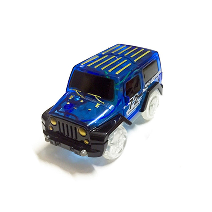 Close-up of colorful toy cars with flashing lights.
