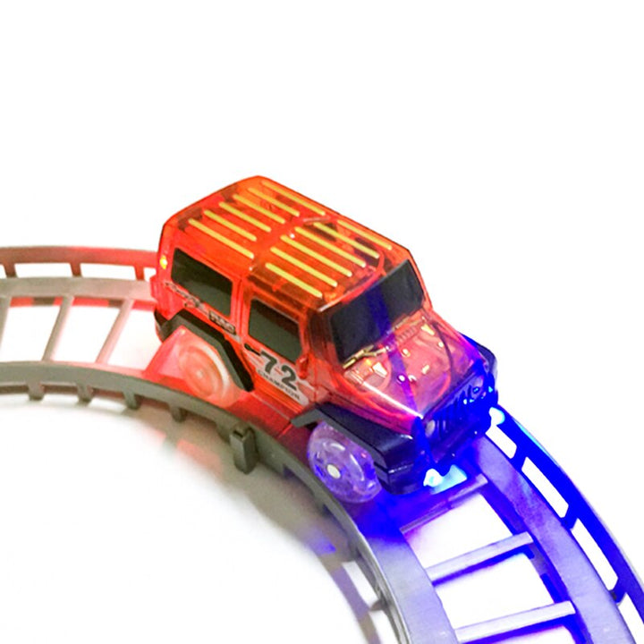 Close-up of colorful toy cars with flashing lights.
