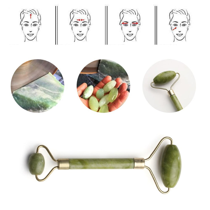 Mushroom jade stone facial roller in use