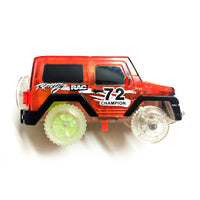 Close-up of colorful toy cars with flashing lights.