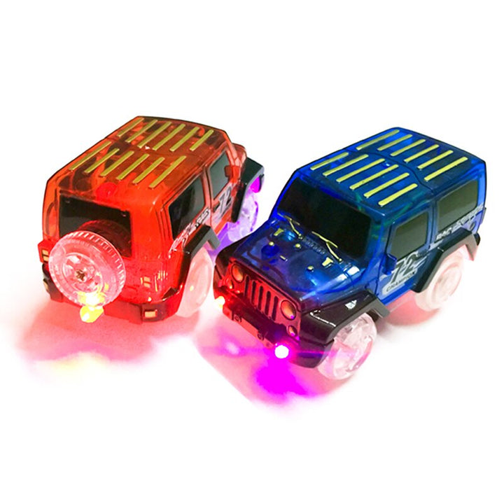 Close-up of colorful toy cars with flashing lights.