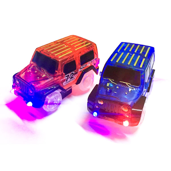 Close-up of colorful toy cars with flashing lights.