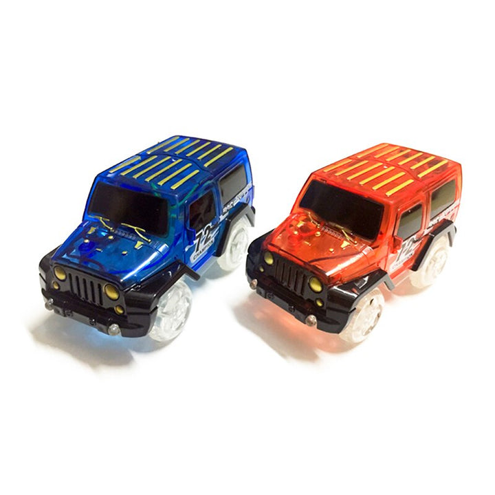 Close-up of colorful toy cars with flashing lights.
