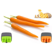 Stainless palm peeler with rubber finger grip.
