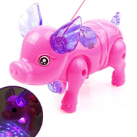 Image of the adorable walking pig toy with lights and leash, walking on the floor.