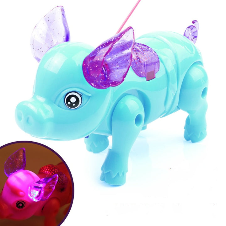 Image of the adorable walking pig toy with lights and leash, walking on the floor.