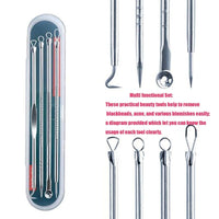 Set of stainless steel blackhead and pimple remover tools in a metal case