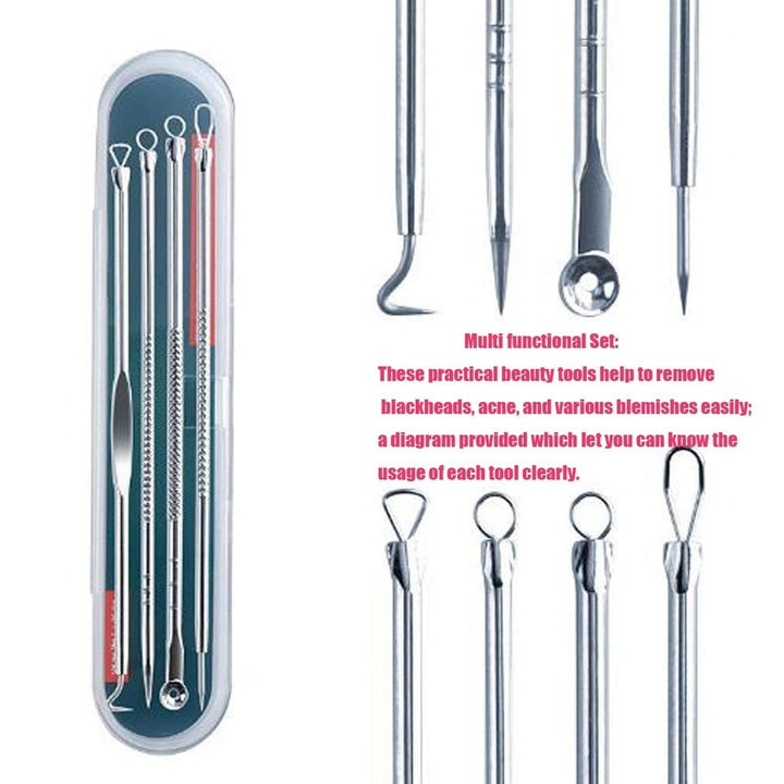 Set of stainless steel blackhead and pimple remover tools in a metal case