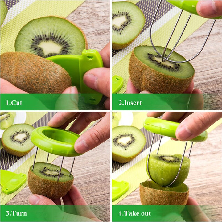 Stainless steel fruit cutter with ergonomic design.