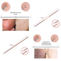 Set of stainless steel blackhead and pimple remover tools in a metal case