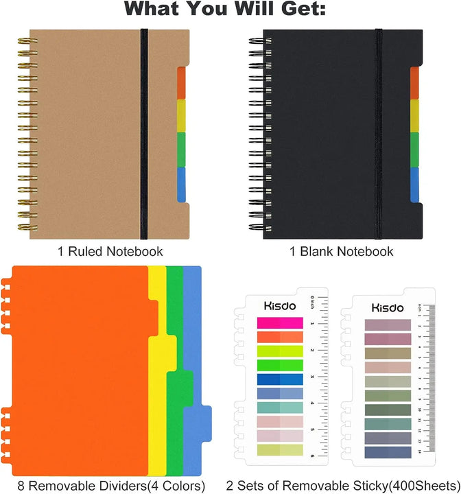A5 Hardcover Large Spiral Notebook,Subject Spiral Notepad,Index Planner Journal with Dividers,Spiral Note Book with Sticky Notes
