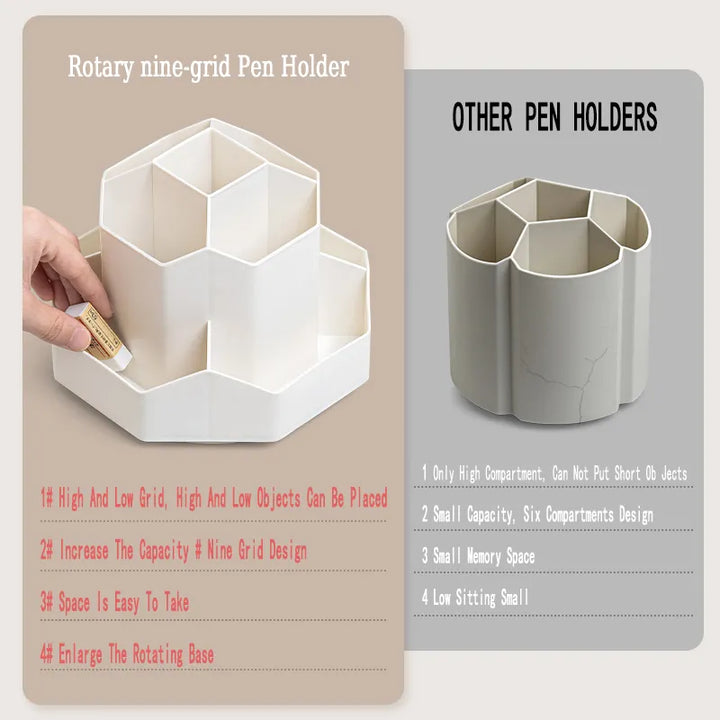 360°Rotatable Pen Holder Large Capacity Desk Pencil Storage Box 9-Grid Stationery Organizer School Office Pen Stand