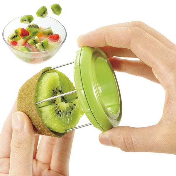 Stainless steel fruit cutter with ergonomic design.