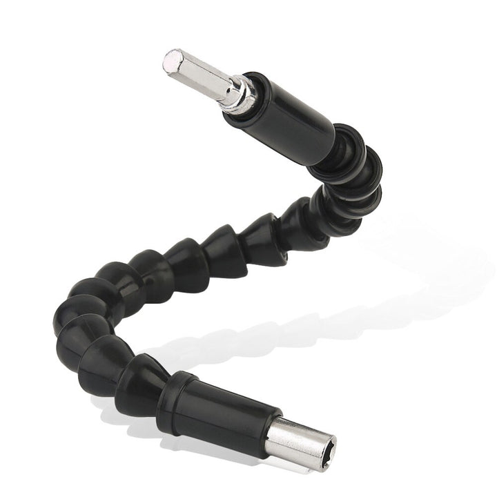 Image of the flexible shaft adapter attached to a drill, reaching into a tight space.