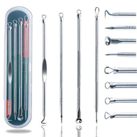 Set of stainless steel blackhead and pimple remover tools in a metal case