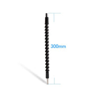 Image of the flexible shaft adapter attached to a drill, reaching into a tight space.