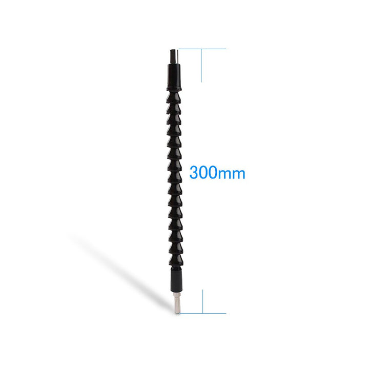 Image of the flexible shaft adapter attached to a drill, reaching into a tight space.