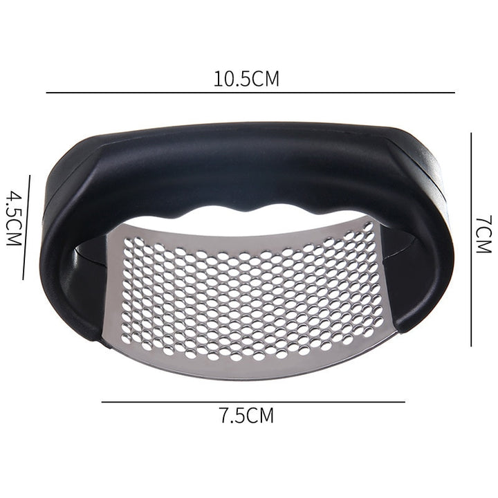 Stainless steel garlic press with black plastic handles.