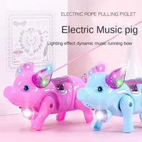 Image of the adorable walking pig toy with lights and leash, walking on the floor.