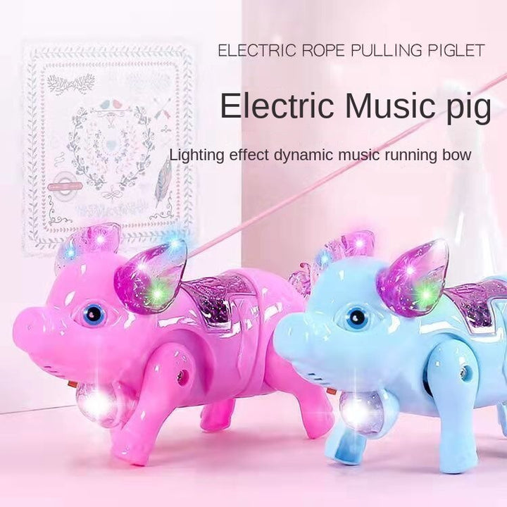 Image of the adorable walking pig toy with lights and leash, walking on the floor.