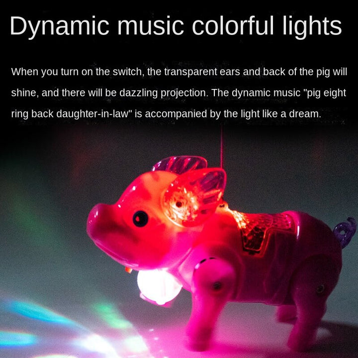 Image of the adorable walking pig toy with lights and leash, walking on the floor.