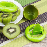 Stainless steel fruit cutter with ergonomic design.