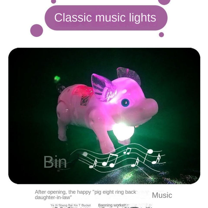 Image of the adorable walking pig toy with lights and leash, walking on the floor.
