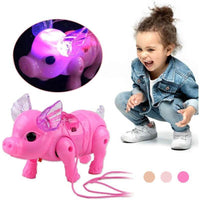 Image of the adorable walking pig toy with lights and leash, walking on the floor.