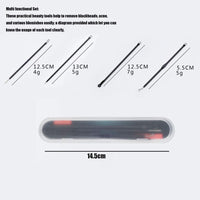 Set of stainless steel blackhead and pimple remover tools in a metal case