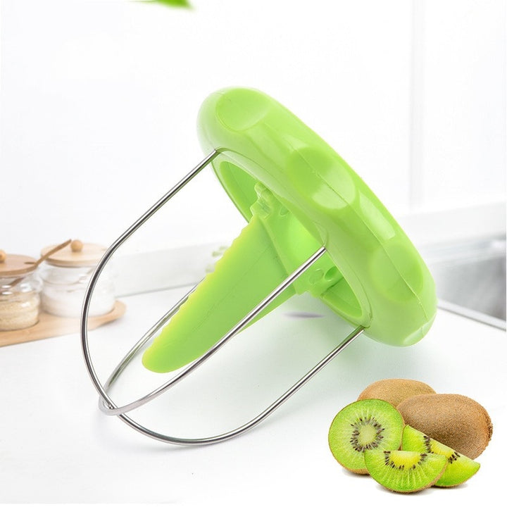 Stainless steel fruit cutter with ergonomic design.