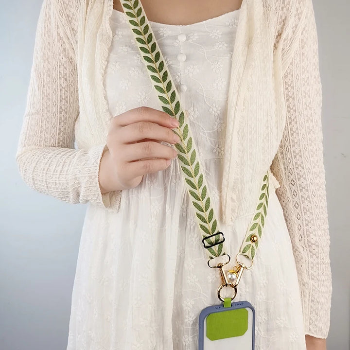 Long Crossbody Phone Lanyard Adjustable Neck Strap Wide Cloth Neckband Strap Rope Women's Pearl Hanging Anti-Lost Phone Lanyard