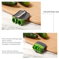 Stainless palm peeler with rubber finger grip.