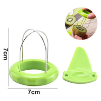 Stainless steel fruit cutter with ergonomic design.