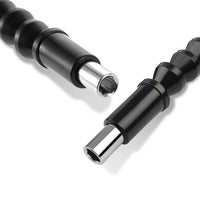 Image of the flexible shaft adapter attached to a drill, reaching into a tight space.