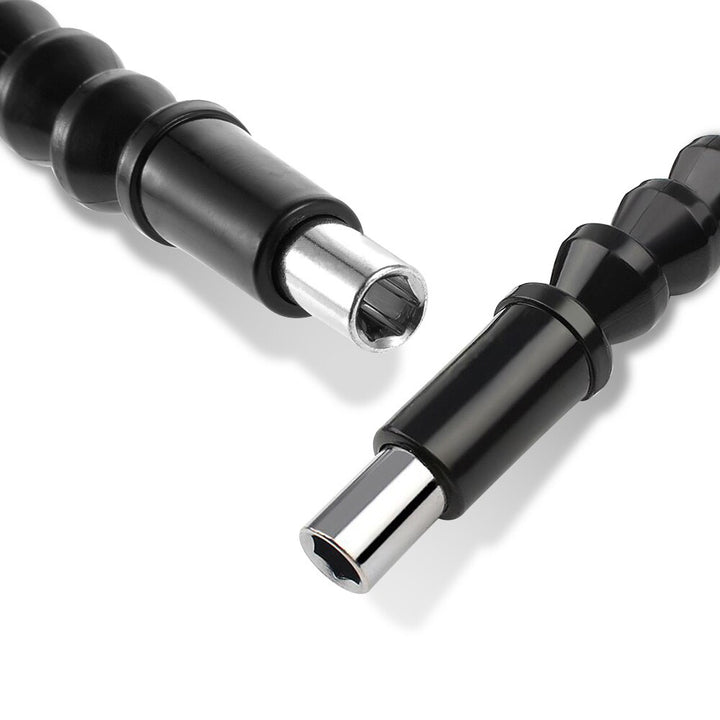 Image of the flexible shaft adapter attached to a drill, reaching into a tight space.