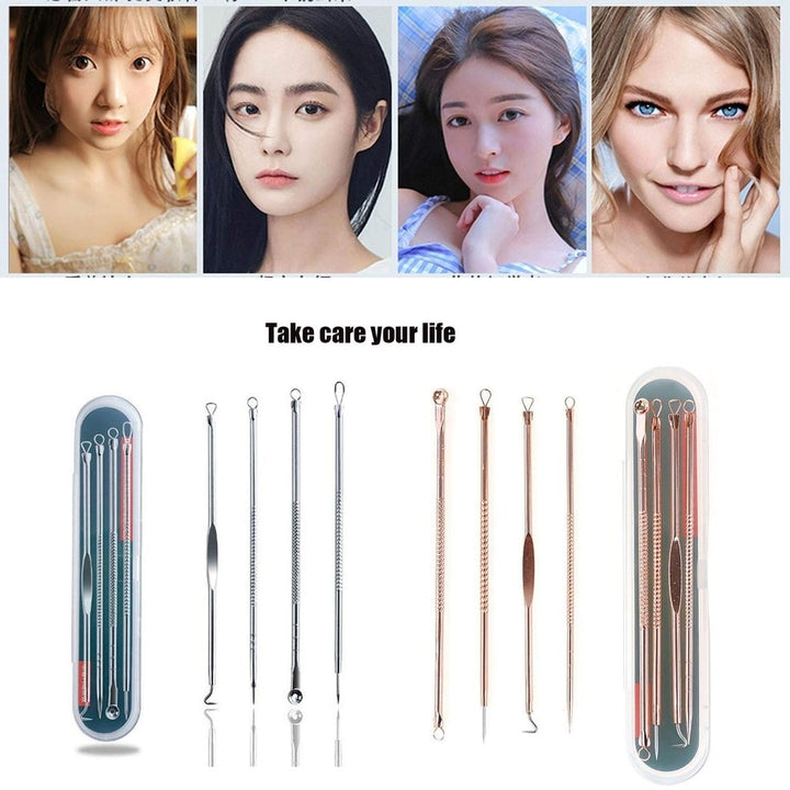 Set of stainless steel blackhead and pimple remover tools in a metal case