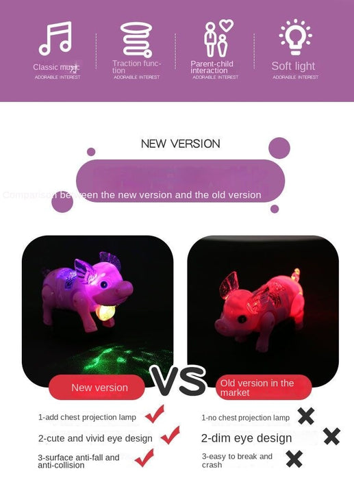 Image of the adorable walking pig toy with lights and leash, walking on the floor.