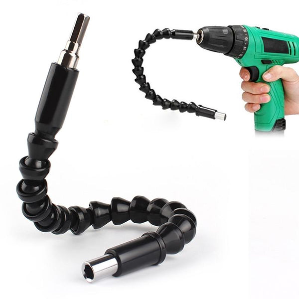 Image of the flexible shaft adapter attached to a drill, reaching into a tight space.