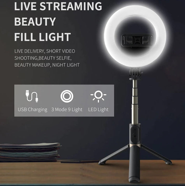 4-in-1 Wireless Selfie Stick Tripod Ring Light Front View
